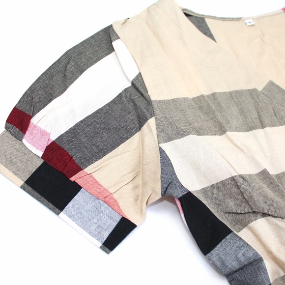 Plaid Belted Shirt Dress Short V-Neck Nude Black - Picture 8 of 8